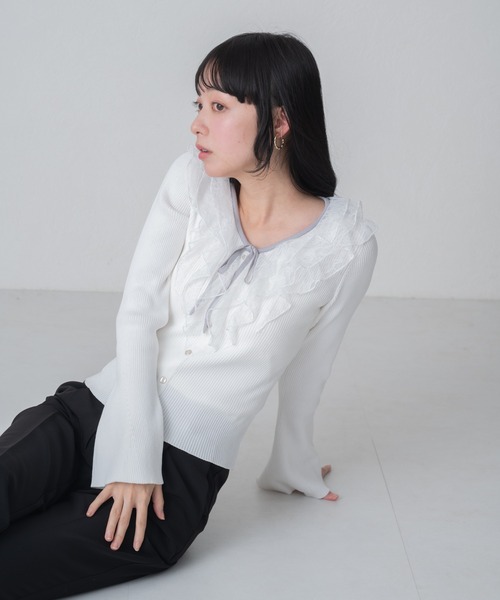 MISCH MASCH（ミッシュマッシュ）の「2026春夏新作 レースラッフル配色リボンニット（ニット/セーター・レディース・グリーン/ホワイト/イエロー・ﾌﾘ-）」の21枚目の写真