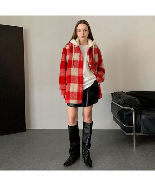 VASCARA(バスカラ)の「Overfit Check Hooded Shirt (3colors)(シャツ/ブラウス・レディース・スカイブルー/ブラック/レッド・FREE)」の3枚目の写真
