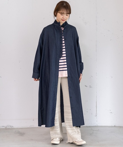 POU DOU DOU（プードゥドゥ）の「フリルシャツワンピース（シャツワンピース・レディース・グリーン/ブルー/インディゴブルー・3）」の3枚目の写真