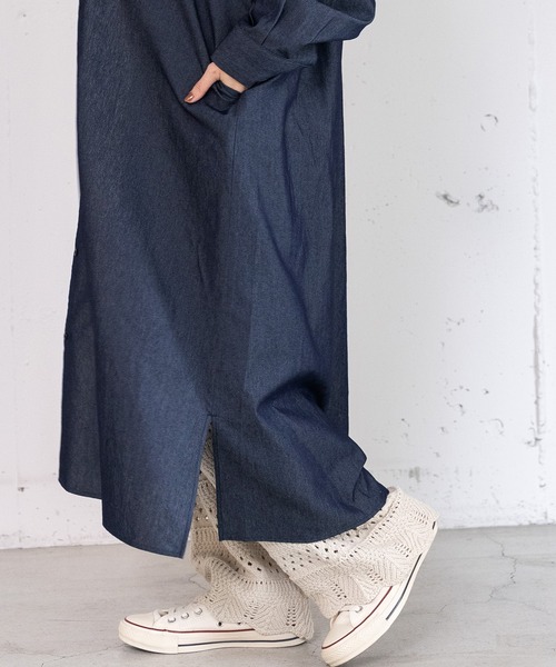 POU DOU DOU（プードゥドゥ）の「フリルシャツワンピース（シャツワンピース・レディース・グリーン/ブルー/インディゴブルー・3）」の4枚目の写真