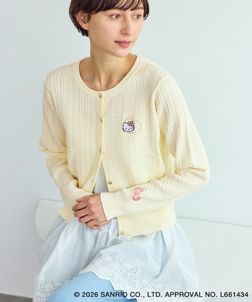 ハローキティコラボ（ハローキティコラボ）の「【ROPE' PICNIC×ハローキティ】ワッペンケーブルニットカーディガン（カーディガン/ボレロ・レディース・ダークブラウン/オフホワイト/ピンク・FREE）」の4枚目の写真