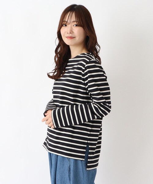 one'sterrace(ワンズテラス)の「コットン ボートネックボーダー長袖プルオーバー(Tシャツ/カットソー・レディース・アイボリー系8/ネイビー系5/ブラック系8/ブルー系その他7・02)」の2枚目の写真