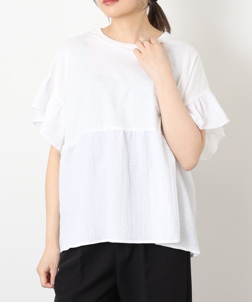 FUNALIVE（ファンアライブ）の「異素材切替ギャザープルオーバー 半袖（Tシャツ/カットソー・レディース・グリーン/ブラック/オフホワイト/ブルー・M～Ｌ）」の7枚目の写真