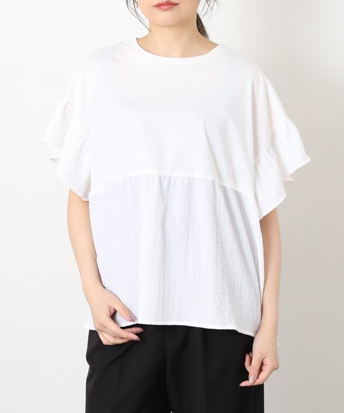 FUNALIVE（ファンアライブ）の「異素材切替ギャザープルオーバー 半袖（Tシャツ/カットソー・レディース・グリーン/ブラック/オフホワイト/ブルー・M～Ｌ）」の9枚目の写真