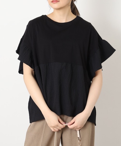 FUNALIVE（ファンアライブ）の「異素材切替ギャザープルオーバー 半袖（Tシャツ/カットソー・レディース・グリーン/ブラック/オフホワイト/ブルー・M～Ｌ）」の16枚目の写真