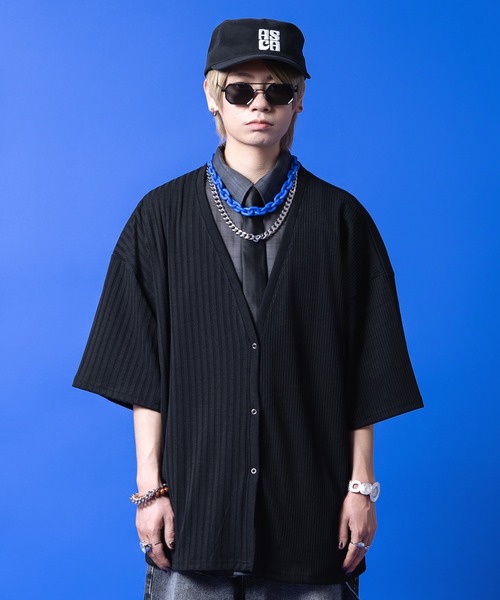 a.p.o.v.(エーピーオービー)の「a.p.o.v. オーバーサイズアシンメトリーリブジャージー半袖カーディガン(カーディガン/ボレロ・メンズ・グレー/ブラック/ホワイト・ONESIZE)」の2枚目の写真