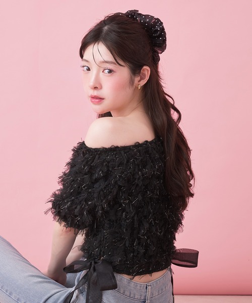fupel(フぺル)の「2way tulle glitter tops /2wayチュールラメトップス(Tシャツ/カットソー・レディース・ブラック/オフホワイト・FREE)」の2枚目の写真