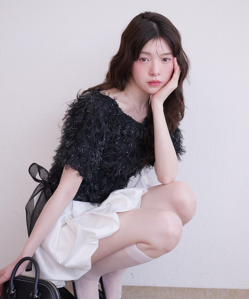 fupel(フぺル)の「2way tulle glitter tops /2wayチュールラメトップス(Tシャツ/カットソー・レディース・ブラック/オフホワイト・FREE)」の12枚目の写真