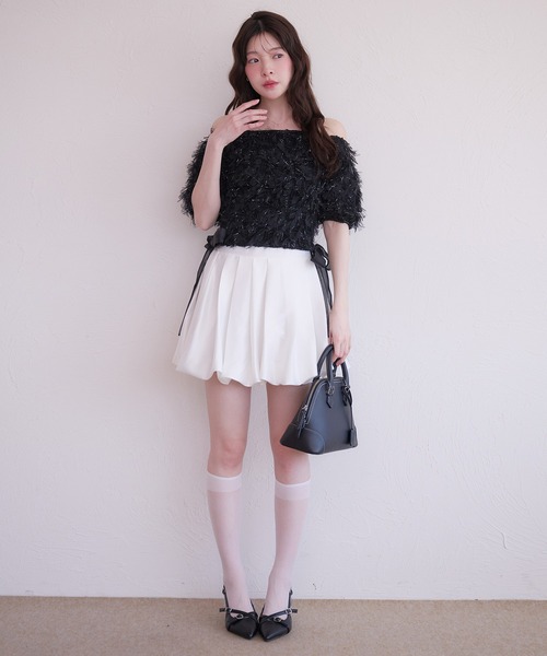 fupel(フぺル)の「2way tulle glitter tops /2wayチュールラメトップス(Tシャツ/カットソー・レディース・ブラック/オフホワイト・FREE)」の6枚目の写真