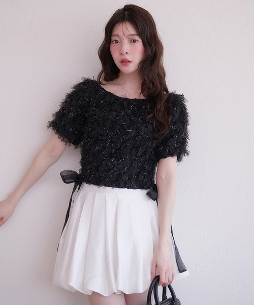 fupel(フぺル)の「2way tulle glitter tops /2wayチュールラメトップス(Tシャツ/カットソー・レディース・ブラック/オフホワイト・FREE)」の3枚目の写真