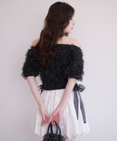 fupel(フぺル)の「2way tulle glitter tops /2wayチュールラメトップス(Tシャツ/カットソー・レディース・ブラック/オフホワイト・FREE)」の4枚目の写真