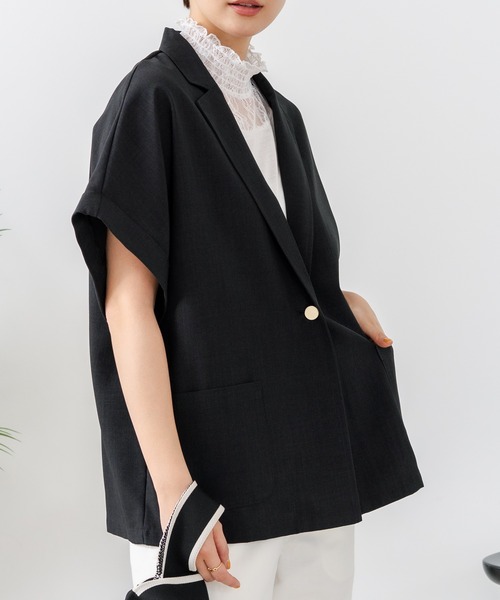 fort point（フォーポイント）の「【C-FORT POINT/フォートポイント】カーディガン感覚で羽織れる リネンタッチ 半袖 シングルテーラードジャケット きれいめ さらさら 涼感 冷房対策 オフィス 通勤（テーラードジャケット・レディース・アイボリー/ブラック/チャコールグレー・FREE）」の3枚目の写真