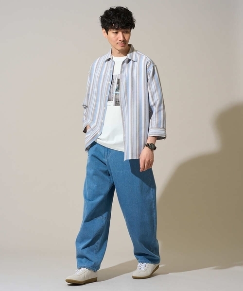 a.v.v(アーヴェヴェ)の「【洗濯機で洗える】カラーストライプシチブソデシャツ(シャツ/ブラウス・メンズ・オレンジ/ダークインディゴブルー・46/48)」の5枚目の写真