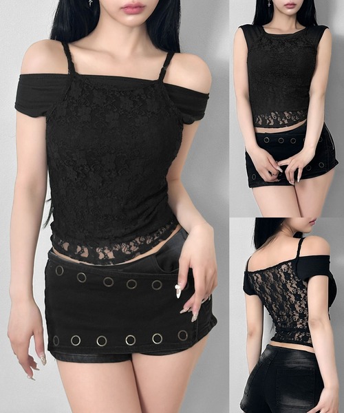 FOLLOWIN（フォロウィン）の「【カップ付き】2WAYレイヤードレーストップス（Tシャツ/カットソー・レディース・ブラック/ホワイト・FREE）」の2枚目の写真