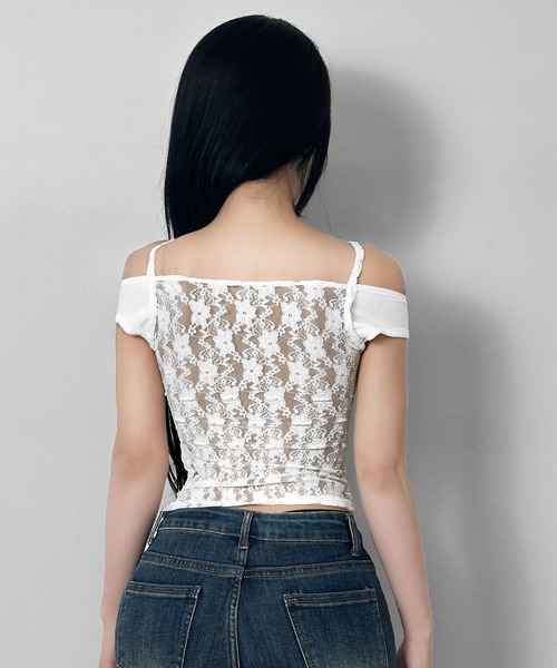 FOLLOWIN（フォロウィン）の「【カップ付き】2WAYレイヤードレーストップス（Tシャツ/カットソー・レディース・ブラック/ホワイト・FREE）」の13枚目の写真