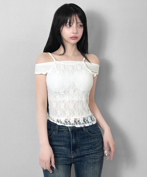 FOLLOWIN（フォロウィン）の「【カップ付き】2WAYレイヤードレーストップス（Tシャツ/カットソー・レディース・ブラック/ホワイト・FREE）」の4枚目の写真