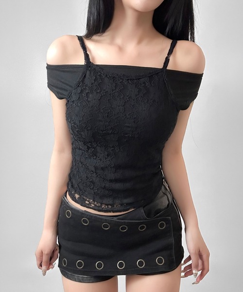 FOLLOWIN（フォロウィン）の「【カップ付き】2WAYレイヤードレーストップス（Tシャツ/カットソー・レディース・ブラック/ホワイト・FREE）」の20枚目の写真