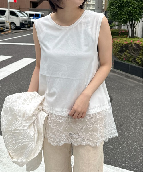PILIT(ピリット)の「裾レースイレヘムノースリTシャツ(Tシャツ/カットソー・レディース・ホワイト・MEDIUM)」の2枚目の写真