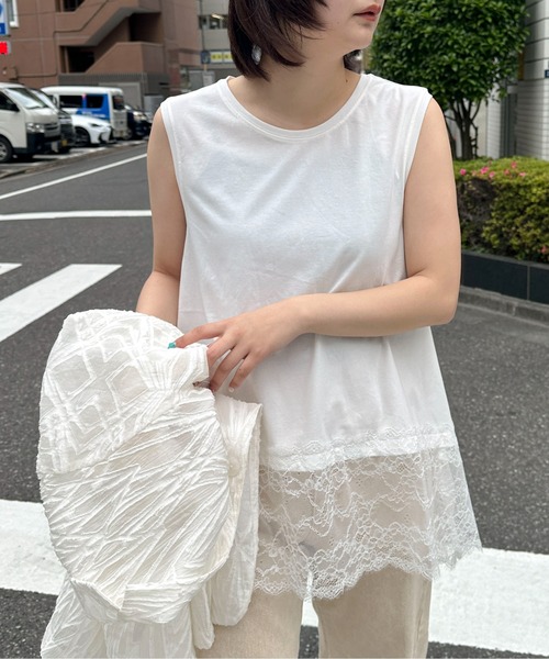 PILIT(ピリット)の「裾レースイレヘムノースリTシャツ(Tシャツ/カットソー・レディース・ホワイト・MEDIUM)」の3枚目の写真