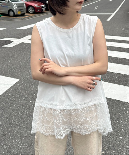 PILIT(ピリット)の「裾レースイレヘムノースリTシャツ(Tシャツ/カットソー・レディース・ホワイト・MEDIUM)」の4枚目の写真