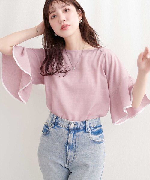 natural couture(ナチュラルクチュール)の「麻調合繊ラッフルスリーブブラウス(シャツ/ブラウス・レディース・ブラック/サックスブルー/ライトベージュ/ミント/ピンク・FREE)」の2枚目の写真