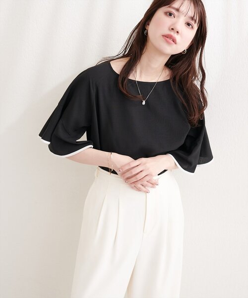 natural couture(ナチュラルクチュール)の「麻調合繊ラッフルスリーブブラウス(シャツ/ブラウス・レディース・ブラック/サックスブルー/ライトベージュ/ミント/ピンク・FREE)」の6枚目の写真