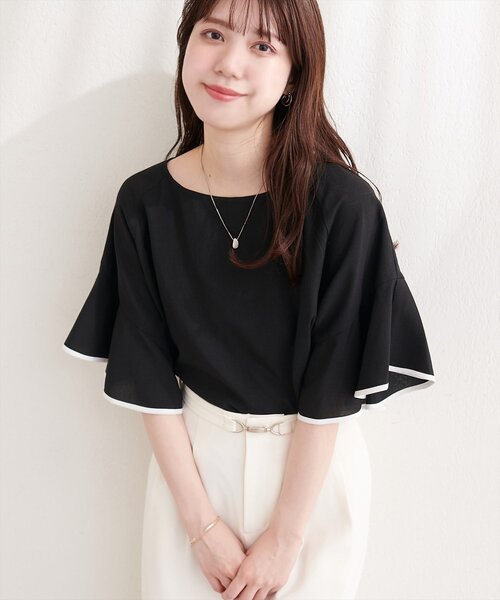 natural couture(ナチュラルクチュール)の「麻調合繊ラッフルスリーブブラウス(シャツ/ブラウス・レディース・ブラック/サックスブルー/ライトベージュ/ミント/ピンク・FREE)」の7枚目の写真