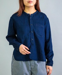 [OMNIGOD womens / オムニゴッド] インディゴ二重ガーゼ スタンドカラーシャツ