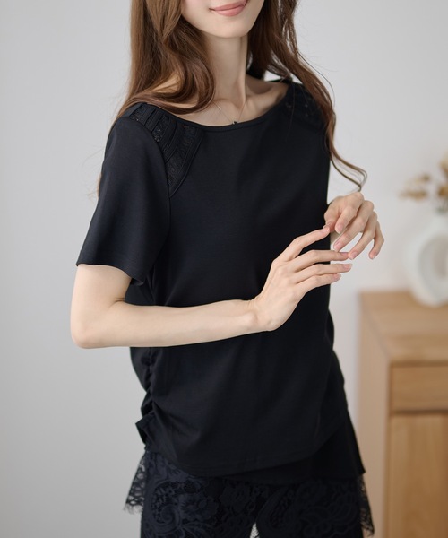 DAYRA(デイラ)の「肩レース 切替 半袖 ボートネック トップス(Tシャツ/カットソー・レディース・ホワイト/ブラック・FREE)」の12枚目の写真