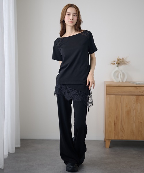 DAYRA(デイラ)の「肩レース 切替 半袖 ボートネック トップス(Tシャツ/カットソー・レディース・ホワイト/ブラック・FREE)」の13枚目の写真