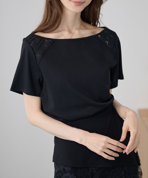 DAYRA(デイラ)の「肩レース 切替 半袖 ボートネック トップス(Tシャツ/カットソー・レディース・ホワイト/ブラック・FREE)」の14枚目の写真