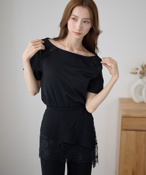 DAYRA(デイラ)の「肩レース 切替 半袖 ボートネック トップス(Tシャツ/カットソー・レディース・ホワイト/ブラック・FREE)」の15枚目の写真