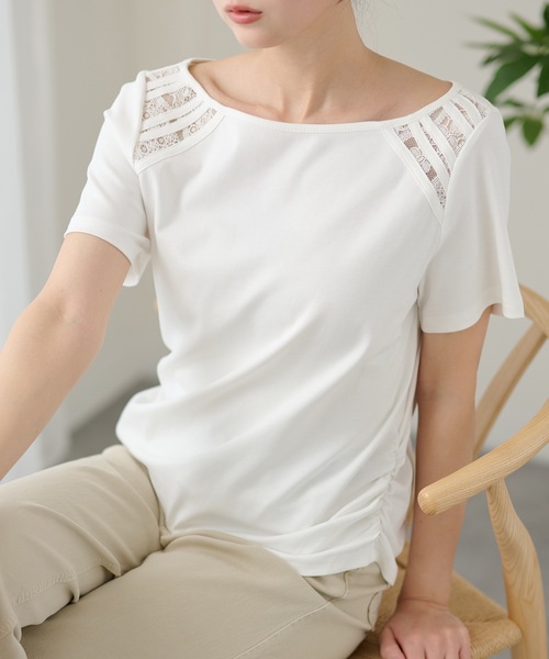DAYRA(デイラ)の「肩レース 切替 半袖 ボートネック トップス(Tシャツ/カットソー・レディース・ホワイト/ブラック・FREE)」の8枚目の写真