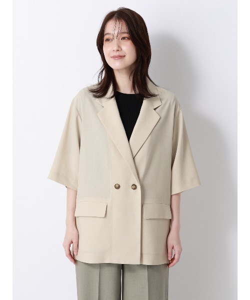 SUIT SQUARE（スーツスクエア）の「CHANTOWA／5分袖ダブルジャケット／ウォッシャブル／リネンライクポリエステル／無地（その他アウター・レディース・ベージュ/グレー・40/38/36）」の16枚目の写真