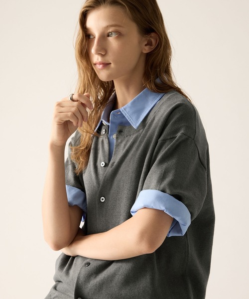CLEL（クレイル）の「【CLEL】Giza Cotton Short Sleeve Crew Neck Cardigan / ギザコットン半袖クルーネックカーディガン（Tシャツ/カットソー・メンズ・ブラック/ダークグレー/ネイビー・L/M/S/XS）」の6枚目の写真