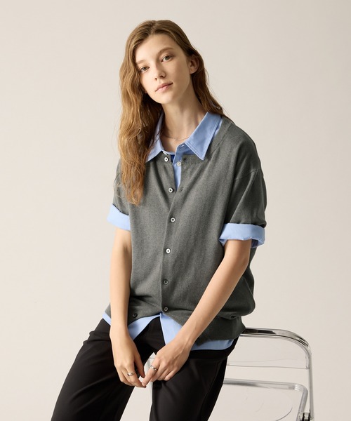 CLEL（クレイル）の「【CLEL】Giza Cotton Short Sleeve Crew Neck Cardigan / ギザコットン半袖クルーネックカーディガン（Tシャツ/カットソー・メンズ・ブラック/ダークグレー/ネイビー・L/M/S/XS）」の7枚目の写真