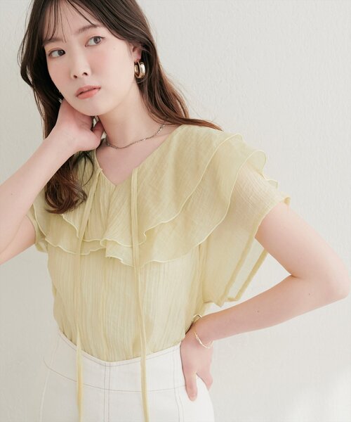 natural couture(ナチュラルクチュール)の「シアーワッシャーフリルブラウス(シャツ/ブラウス・レディース・ブルー/オフホワイト/イエロー/ブラック・FREE)」の1枚目の写真