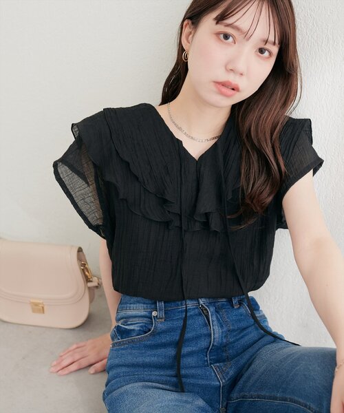 natural couture(ナチュラルクチュール)の「シアーワッシャーフリルブラウス(シャツ/ブラウス・レディース・ブルー/オフホワイト/イエロー/ブラック・FREE)」の3枚目の写真