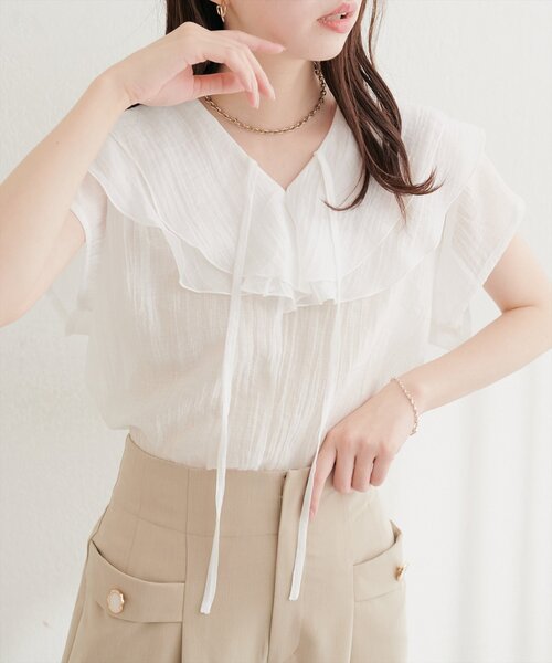 natural couture(ナチュラルクチュール)の「シアーワッシャーフリルブラウス(シャツ/ブラウス・レディース・ブルー/オフホワイト/イエロー/ブラック・FREE)」の5枚目の写真
