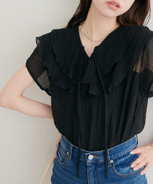natural couture(ナチュラルクチュール)の「シアーワッシャーフリルブラウス(シャツ/ブラウス・レディース・ブルー/オフホワイト/イエロー/ブラック・FREE)」の9枚目の写真