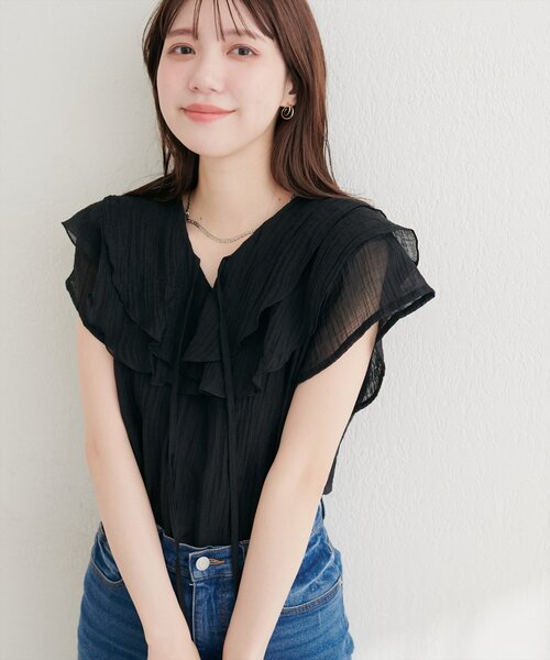 natural couture(ナチュラルクチュール)の「シアーワッシャーフリルブラウス(シャツ/ブラウス・レディース・ブルー/オフホワイト/イエロー/ブラック・FREE)」の11枚目の写真