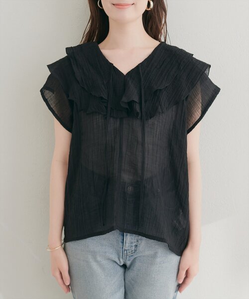 natural couture(ナチュラルクチュール)の「シアーワッシャーフリルブラウス(シャツ/ブラウス・レディース・ブルー/オフホワイト/イエロー/ブラック・FREE)」の13枚目の写真