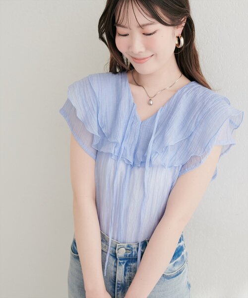 natural couture(ナチュラルクチュール)の「シアーワッシャーフリルブラウス(シャツ/ブラウス・レディース・ブルー/オフホワイト/イエロー/ブラック・FREE)」の19枚目の写真