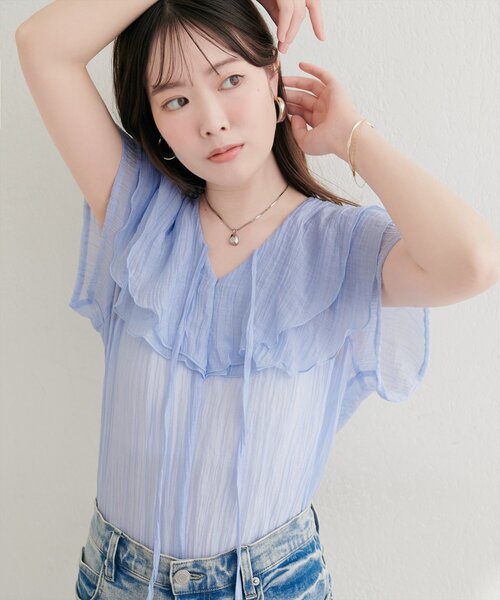 natural couture(ナチュラルクチュール)の「シアーワッシャーフリルブラウス(シャツ/ブラウス・レディース・ブルー/オフホワイト/イエロー/ブラック・FREE)」の20枚目の写真