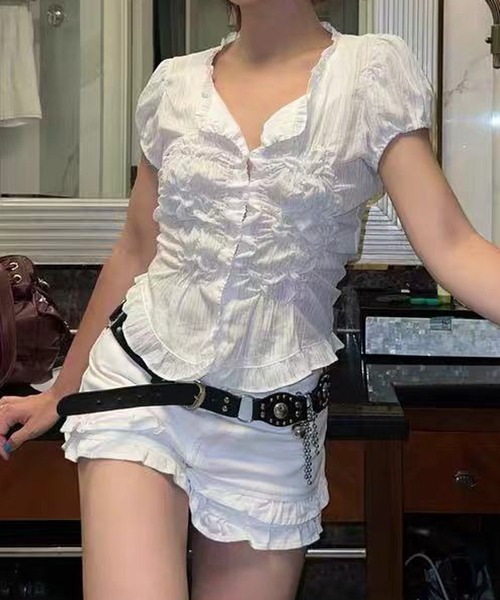 HALEY PESCA（ヘーリーペスカ）の「HALEY PESCA/ヴィンテージフリルシャーリングトップス（シャツ/ブラウス・レディース・ホワイト/ブラック・FREE）」の10枚目の写真