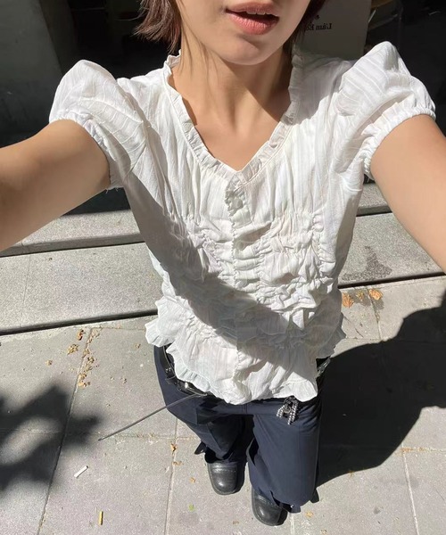 HALEY PESCA（ヘーリーペスカ）の「HALEY PESCA/ヴィンテージフリルシャーリングトップス（シャツ/ブラウス・レディース・ホワイト/ブラック・FREE）」の8枚目の写真