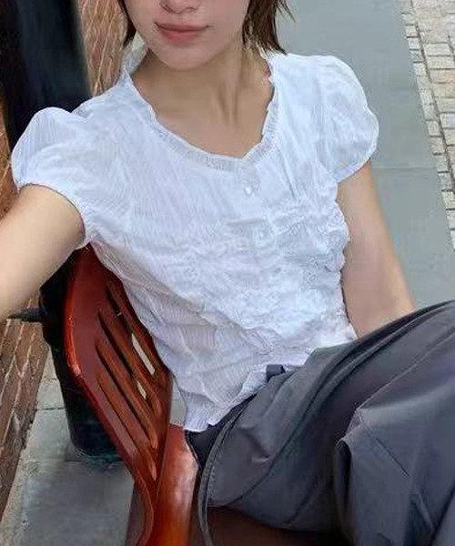 HALEY PESCA（ヘーリーペスカ）の「HALEY PESCA/ヴィンテージフリルシャーリングトップス（シャツ/ブラウス・レディース・ホワイト/ブラック・FREE）」の6枚目の写真