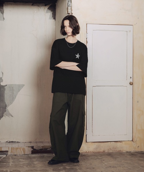 ROCHEM（ローシェン）の「ルーズシルエットスターロゴ刺繍Tシャツ（Tシャツ/カットソー・メンズ・ブラック/チャコール/ホワイト・M/S/XS/L）」の16枚目の写真