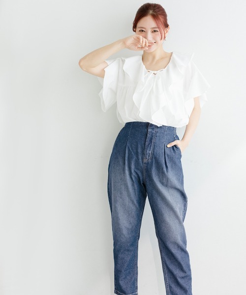 coca(coca)(コカ)の「【伊藤千晃様着用】\接触冷感・通気性/ サマーデニムハイウエストパンツ(デニムパンツ・レディース・ブルー/ライトブルー・L/S/M)」の8枚目の写真