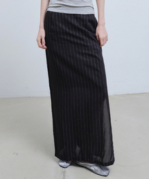LINEN STRIPE LONG SKIRT_BLACK
